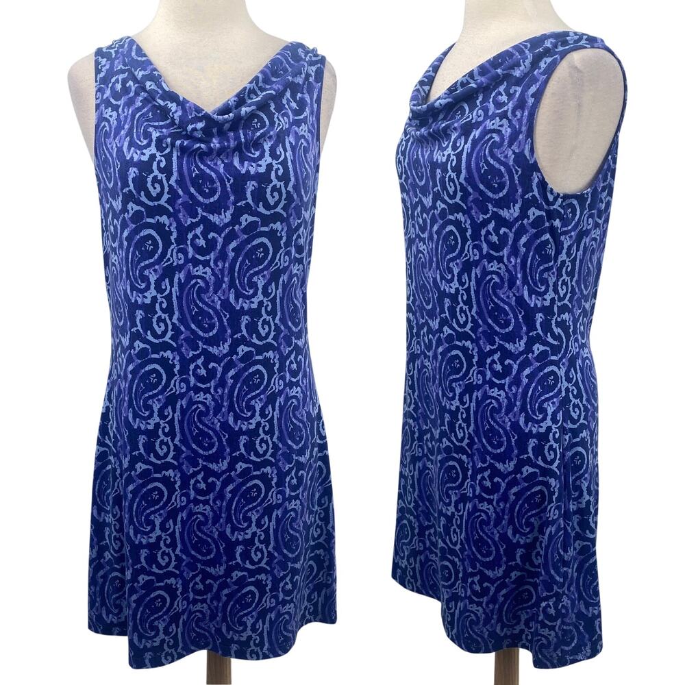 Title Nine Breeze Dress Cowl Neck Mini Jersey Knit Paisley Print Sleeveless Blue